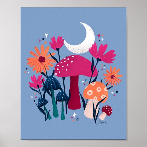 Mushrooms  florals _ moonstone blue  burnt pink poster
