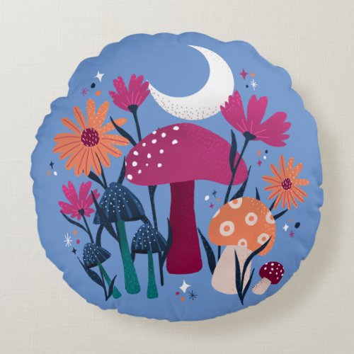 Mushrooms  florals _ moonstone blue  burnt pink round pillow