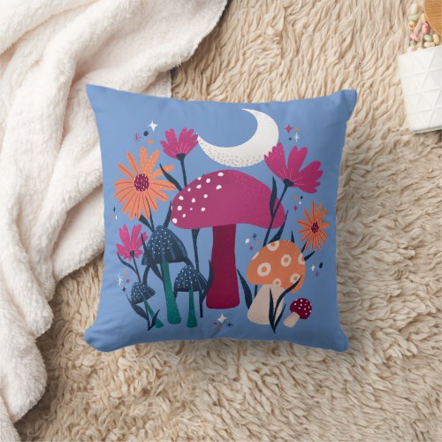 Mushrooms  florals _ moonstone blue  burnt pink throw pillow