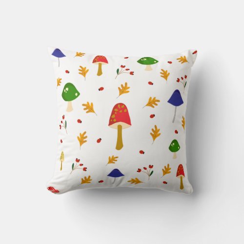 Mushrooms Flowers Leaves Autumn Fall Themed Throw Pillow