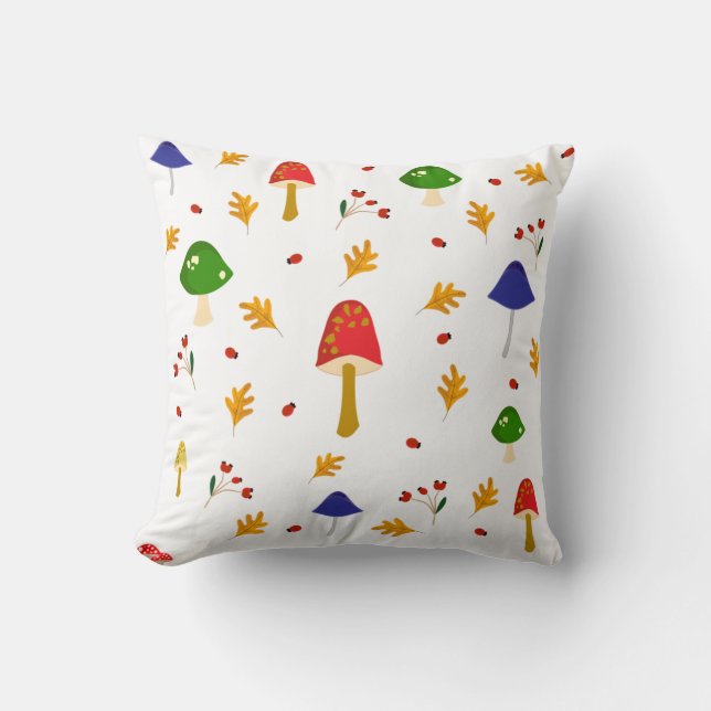 Mushrooms, Flowers, Leaves, Autumn Fall Themed Throw Pillow (Front)