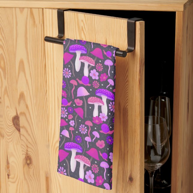 Mushrooms & Flowers Vibrant Pink, Purple & Black Kitchen Towel (Thirds Fold)