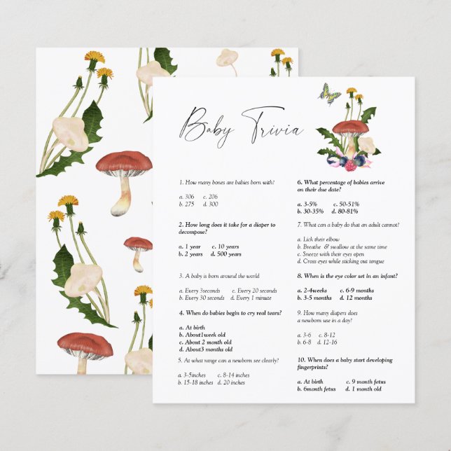 Mushrooms forest - Baby Trivia | Baby Shower Game (Front/Back)