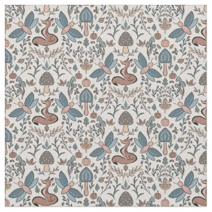 Mushrooms Fox & Dragonfly Cute Autumn Pattern Fabric
