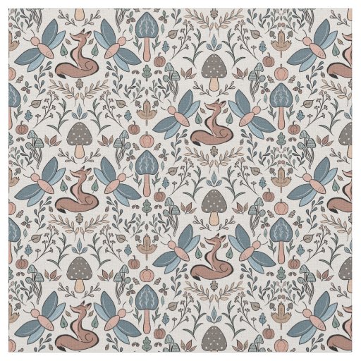 Mushrooms Fox & Dragonfly Cute Autumn Pattern Fabric