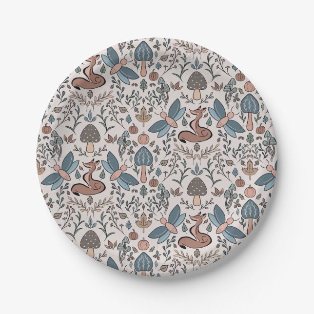 Mushrooms Fox & Dragonfly Cute Autumn Pattern  Paper Plates (Front)