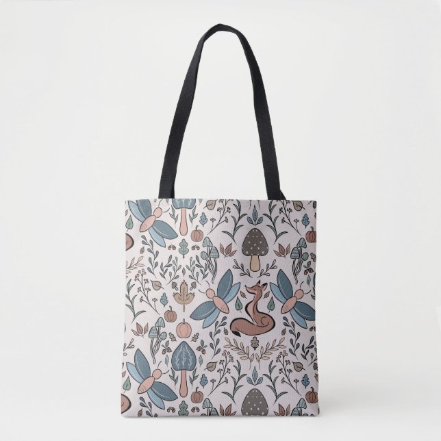 Mushrooms Fox & Dragonfly Cute Autumn Pattern Tote Bag (Front)