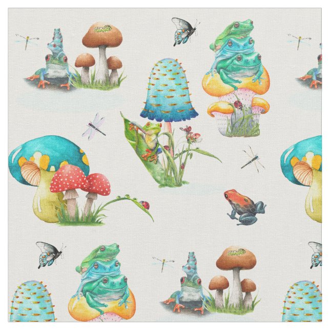 Mushrooms, Frogs, Dragonflies, Butterflies Fabric (Close Up)