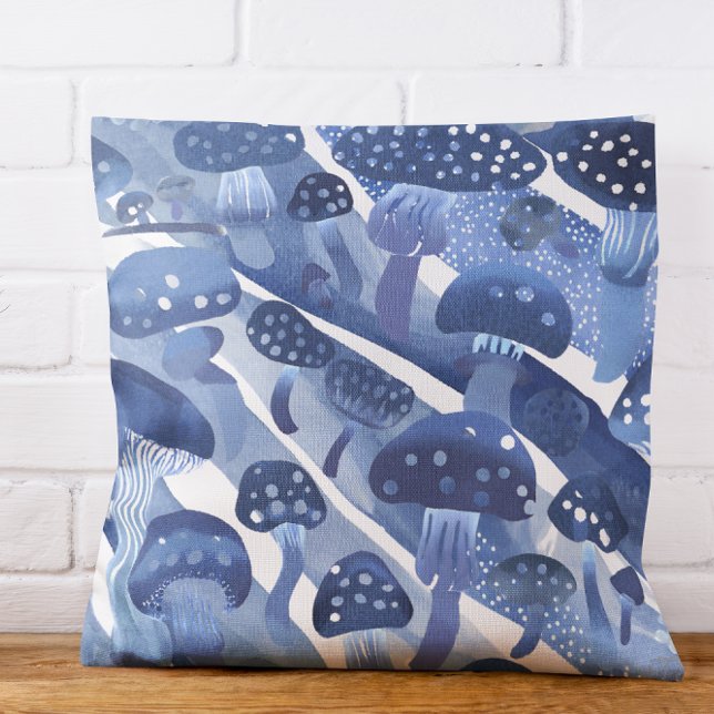 Mushrooms fungi Toadstools abstract blues sea Throw Pillow (Creator Uploaded)