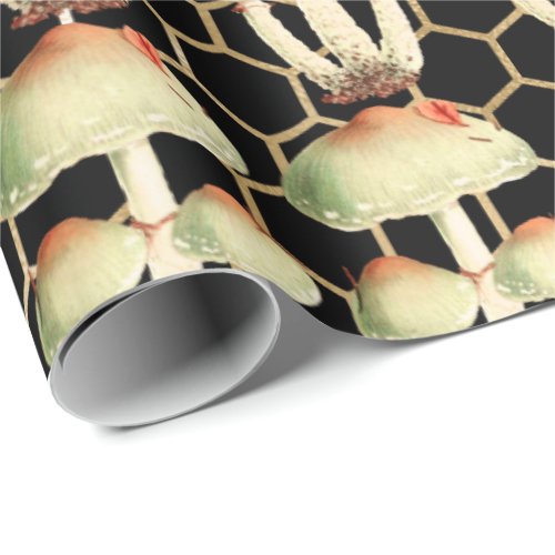 Mushrooms Gold Woodland Black Honey Clusters Wrapping Paper