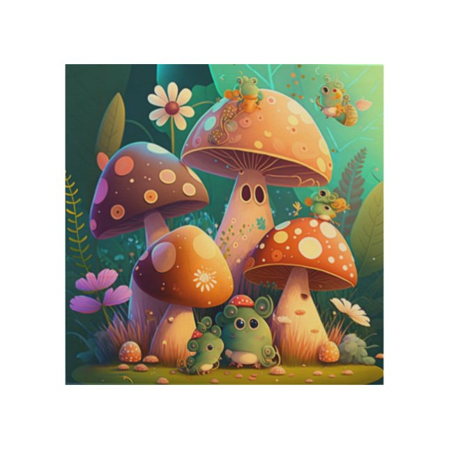 Mushrooms green florals in the field  wood wall art (Front)