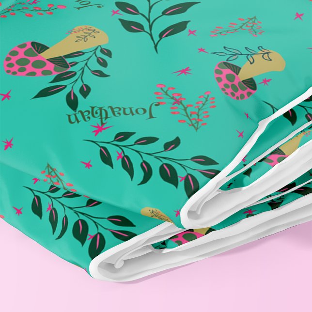 Mushrooms, Greenery and Floral Pattern Custom Name Fleece Blanket (Bright colors and funny mushrooms for your nursery!)