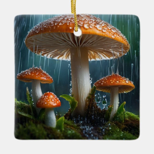 Mushrooms in a Heavy Rain Ceramic Ornament (Front)