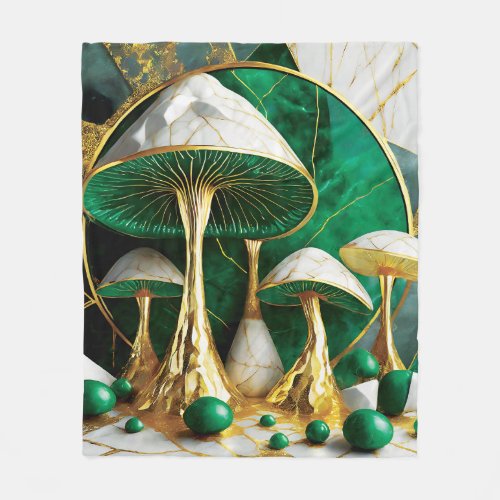 Mushrooms in Green and Gold Geometric Surreal Fleece Blanket