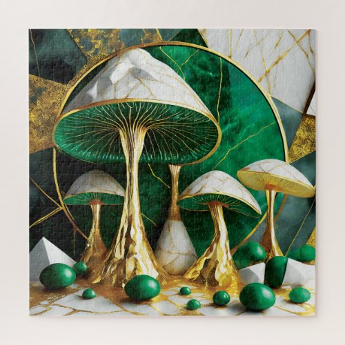 Mushrooms in Green and Gold Geometric Surreal Jigsaw Puzzle