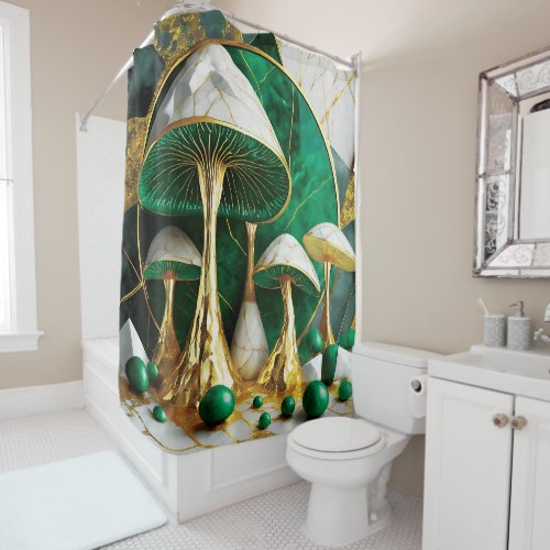 Mushrooms in Green and Gold Geometric Surreal Shower Curtain