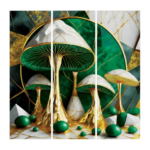 Mushrooms in Green and Gold Geometric Surreal Triptych