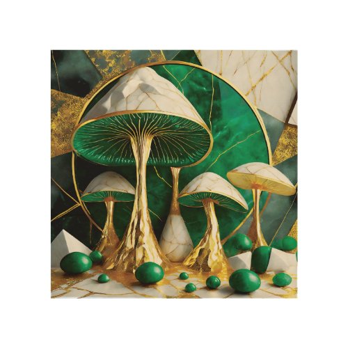 Mushrooms in Green and Gold Geometric Surreal Wood Wall Art