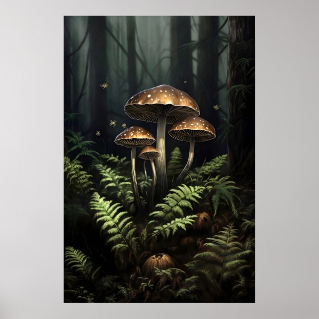 Mushrooms In Moss Fern Print, Dark Academia Gothic Poster (Front)