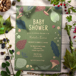 Mushrooms & Leaves   Neutral Green Baby Shower Invitation