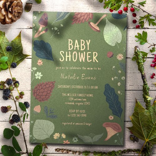 Mushrooms  Leaves  Neutral Green Baby Shower Invitation