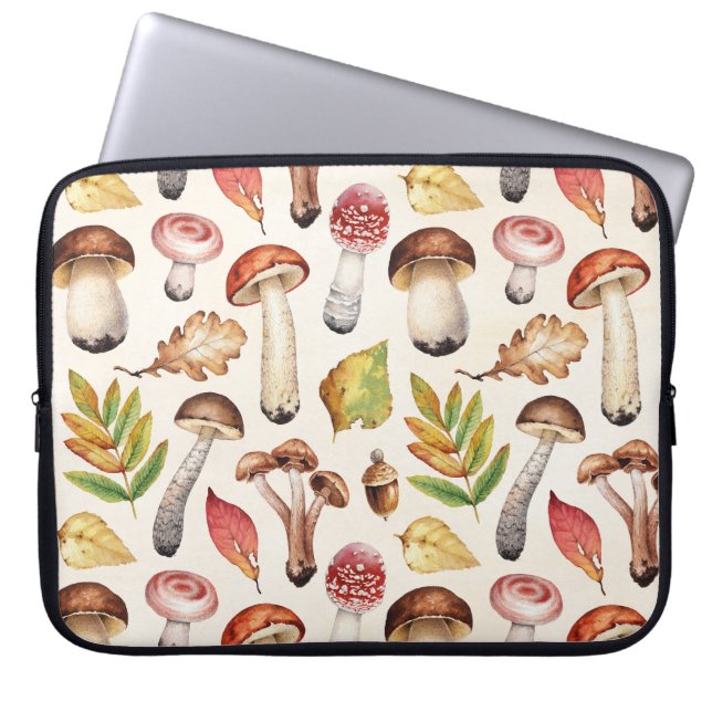 Mushrooms Leaves: Watercolor Illustration Pattern Laptop Sleeve (Front)