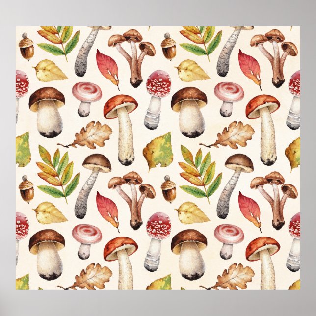 Mushrooms Leaves: Watercolor Illustration Pattern Poster (Front)