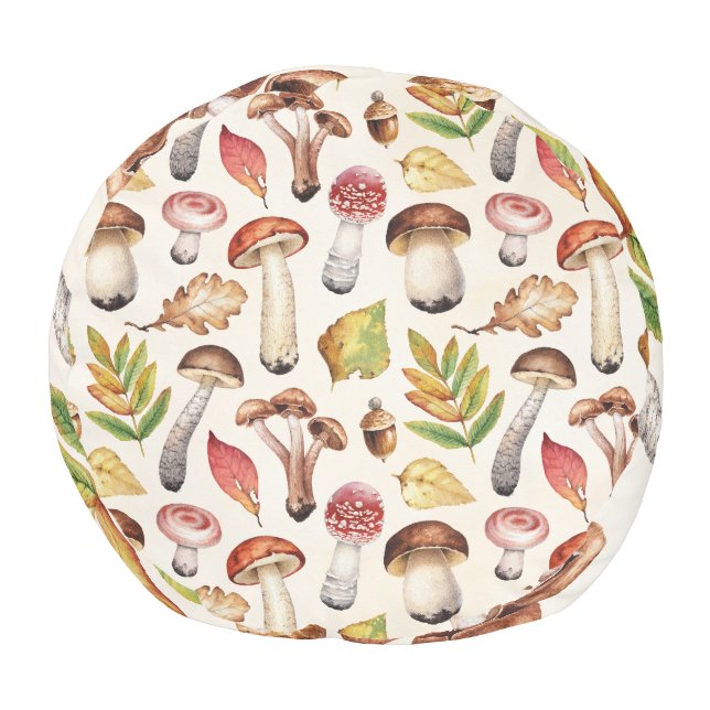 Mushrooms Leaves: Watercolor Illustration Pattern Pouf (Bottom)