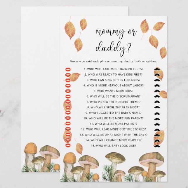 Mushrooms - mommy or daddy baby shower game (Front/Back)