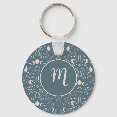 Mushrooms Moons  Dragonfly Cute Blue Pattern Keychain