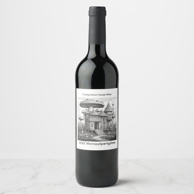 Mushrooms on wood house roof Black and white AIda Wine Label (Front)