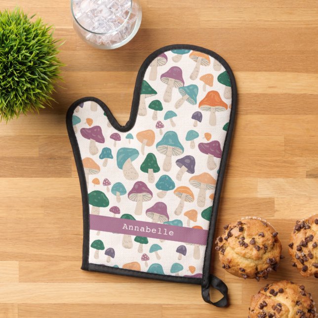Mushrooms Pattern Orange Cute Personalized Gift Oven Mitt (Top down)