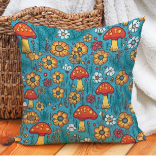 Mushrooms Retro 70's Red Yellow Teal Throw Pillow