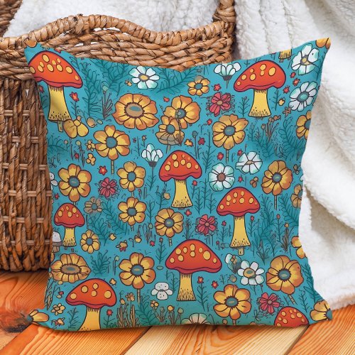 Mushrooms Retro 70s Red Yellow Teal Throw Pillow