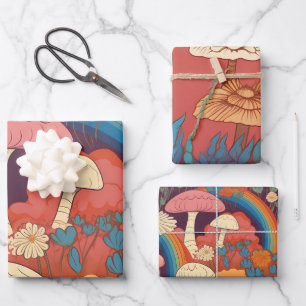 Mushrooms Retro Orange Brown Cottagecore Wrapping Paper Sheets