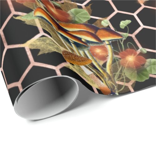 Mushrooms Rose Woodland Black Floral Honeycomb Wrapping Paper