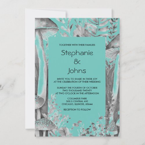 Mushrooms Teal Blue Black Grey Woodland Wedding Invitation