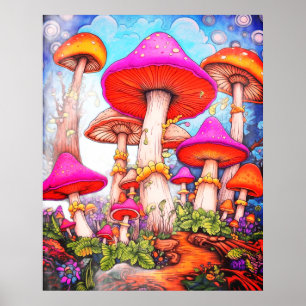 Mushrooms Under a Morning Sky Background on a Wall Poster