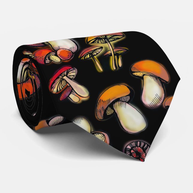 Mushrooms with black background neck tie (Rolled)