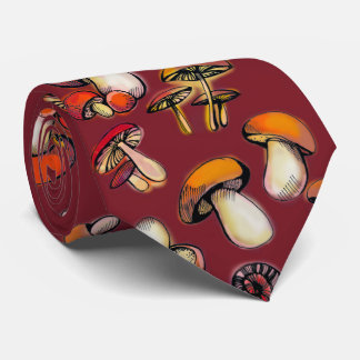 Mushrooms with red background neck tie