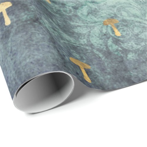 Mushrooms Woodland Antique Vintage Teal Grunge Wrapping Paper