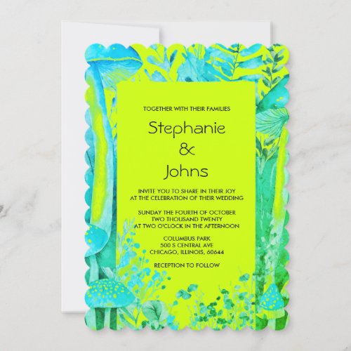 Mushrooms Woodland Lime Green Teal Blue Wedding Invitation