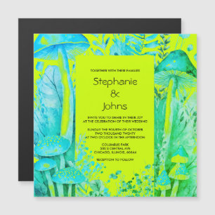 Mushrooms Woodland Lime Green Teal Blue Wedding Magnetic Invitation