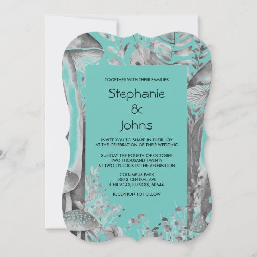 Mushrooms Woodland Teal Blue Black Grey Wedding Invitation