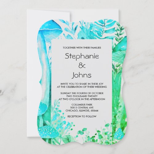 Mushrooms Woodland Teal Blue Black White Wedding Invitation