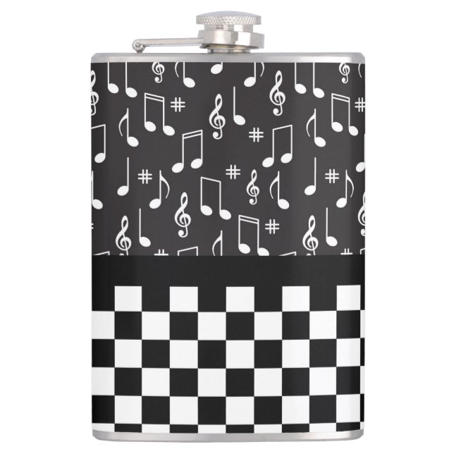 Music and Checkerboard Black and White  Flask (Front)