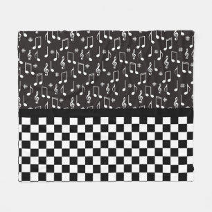 Music and Checkerboard Black and White  Fleece Blanket