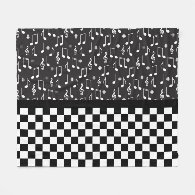 Music and Checkerboard Black and White  Fleece Blanket (Front (Horizontal))