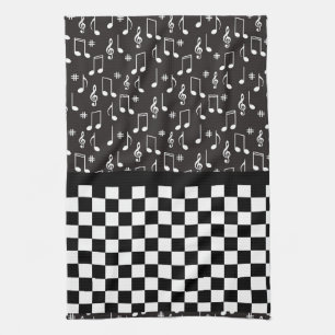 Music and Checkerboard Black and White Kitchen Towel