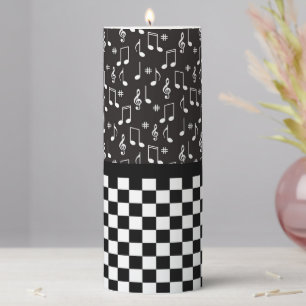 Music and Checkerboard Black and White Pillar Candle